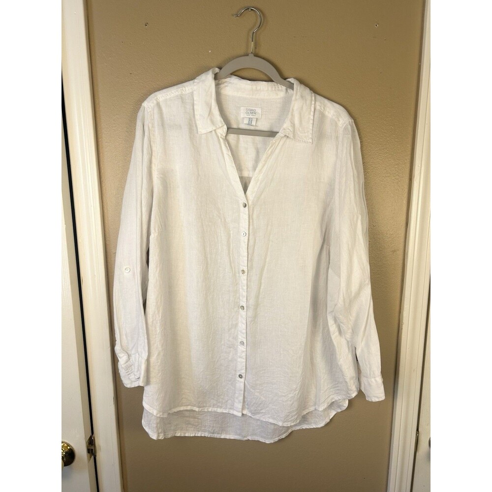 Sigrid Olsen 100% Linen White Button Up Shirt 1X Lagenlook Resortwear Beach